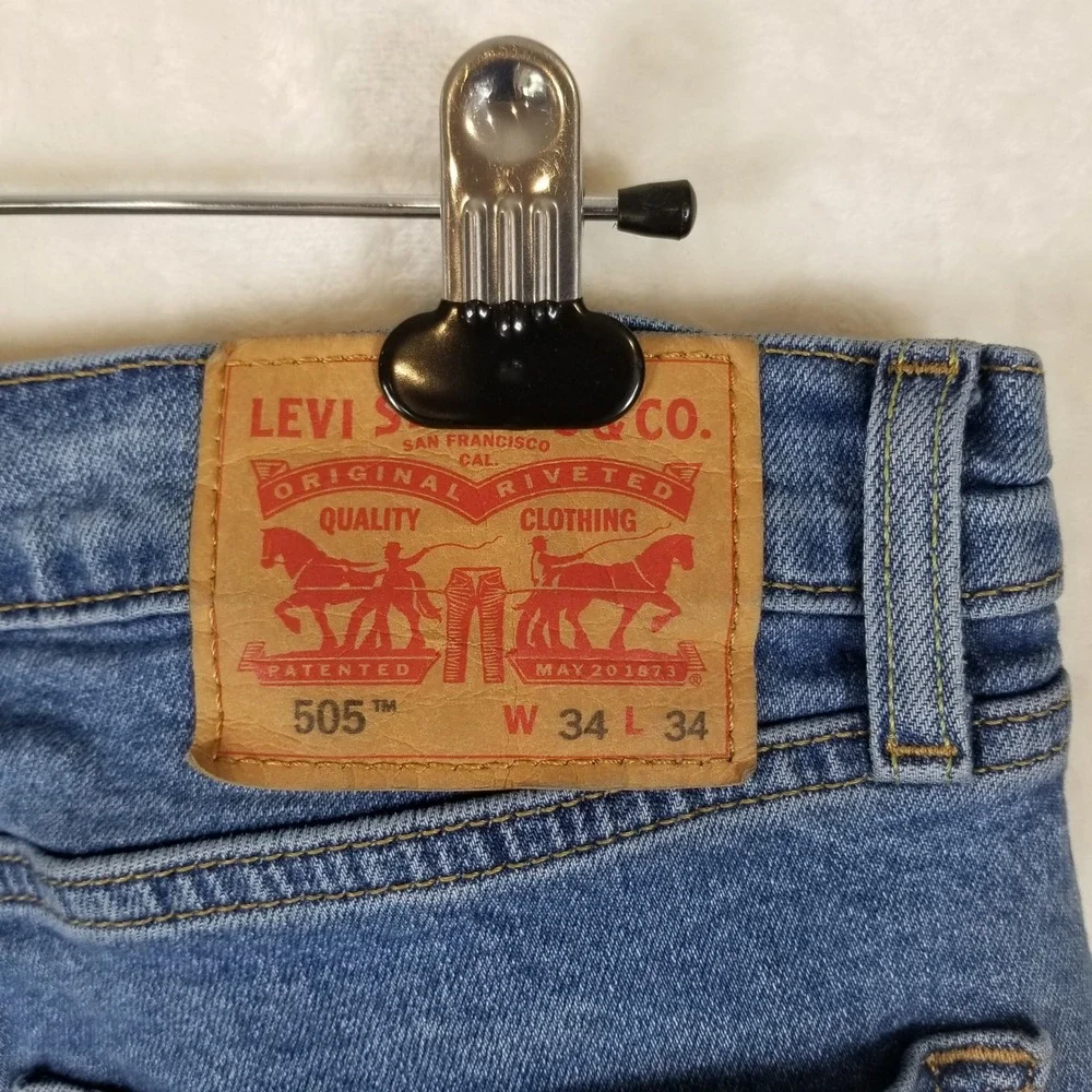 Levis 505 Regular Fit‎ Jeans Mens 34x34 Medium Wash Blue WaterLess Denim